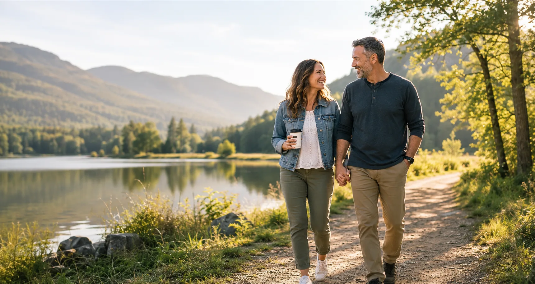 A couple walking together along a sunlit lakeside path